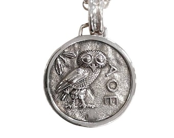 Athena's Owl Necklace, Handmade Greek Sterling Silver Double-sided Coin Pendant, Meaningful Gift