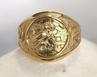 Antiker griechischer Münz-inspirierter Eulen-Goldring, 14–18 Karat massiver Gold-Chevalier-Damenring mit geschnitzten Eulendetails, etruskischer Ring, byzantinischer Ring