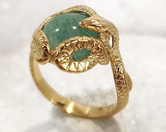 Serpent Ring 18K Solid Gold with Green Aventurine, Handmade Snake Statement Ring, Symbolic Fine Jewelry