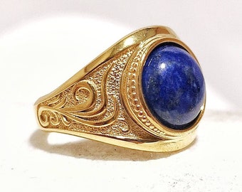 Lapis Lazuli Ring, 14K Solid Gold Ring With Carved Tree Details, Blue Gemstone Signet Ring, Greek Jewelry, Etruscan ring, Byzantine ring