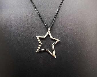 Gift for Girlfriend, 14K Solid Gold Open Star Necklace on Black Chain, Simple North Star Charm, Meaningful Gift For Her Or Him