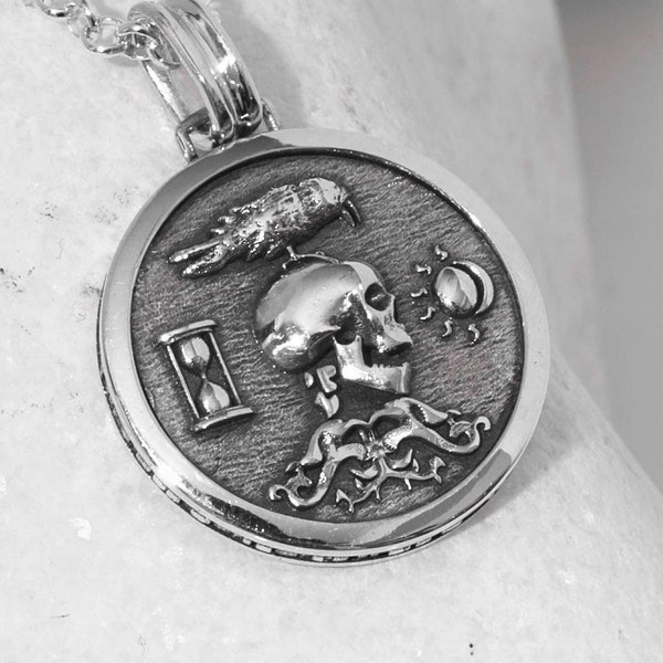 Memento mori necklace with sterling silver link chain, stoic pendant, skull jewelry, Amor Fati, Unisex Goth Crow Forget me not jewelry