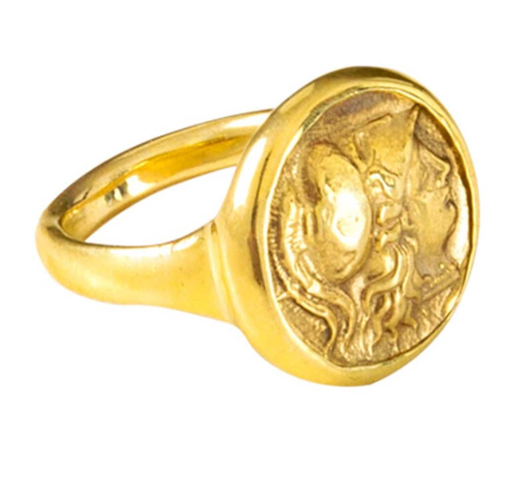 Anello con moneta di Atena in oro 18 carati: antico sigillo