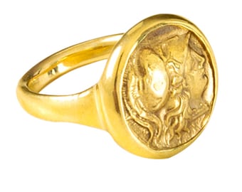 Ancient Greek Coin Ring in 18k Solid Gold, Featuring Intaglio of Goddess Athena, Unique Chevalier Style Signet Ring for Men, Etruscan ring