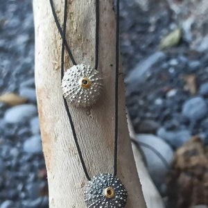 Sea Urchin Necklace, Handmade Sterling Silver Urchin With 18K Gold Bezel, Beach Jewelry, Summer Vacation Gift, Seashell Pendant