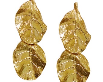 Long  Natural Leaf Earrings, Handmade Double Large Gold Plated Sterling Silver Leaves With Stunning Grecian Look, Perfect Gift Fr Her