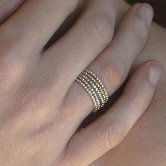 Gold and 4 Sterling Silver Stacking Ring Set: Dainty Beaded Handmade Jewelry
