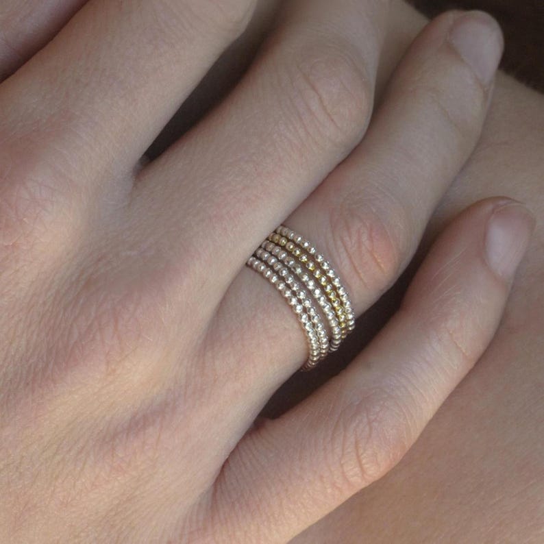 Set of dainty rings, 5 beaded rings in 18k solid gold and sterling silver, women's stacking rings.