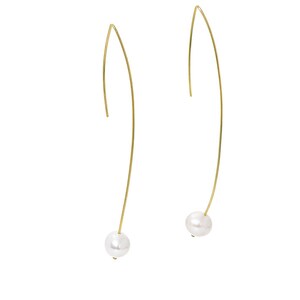 Modern Pearl Earrings, 18K Solid Gold Minimalist Earrings In Gold Wire, Long Delicate Pearl Hooks, Bridal Jewelry.