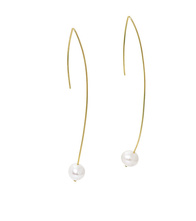 Modern Pearl Earrings, 18K Solid Gold Minimalist Earrings In Gold Wire, Long Delicate Pearl Hooks, Bridal Jewelry.