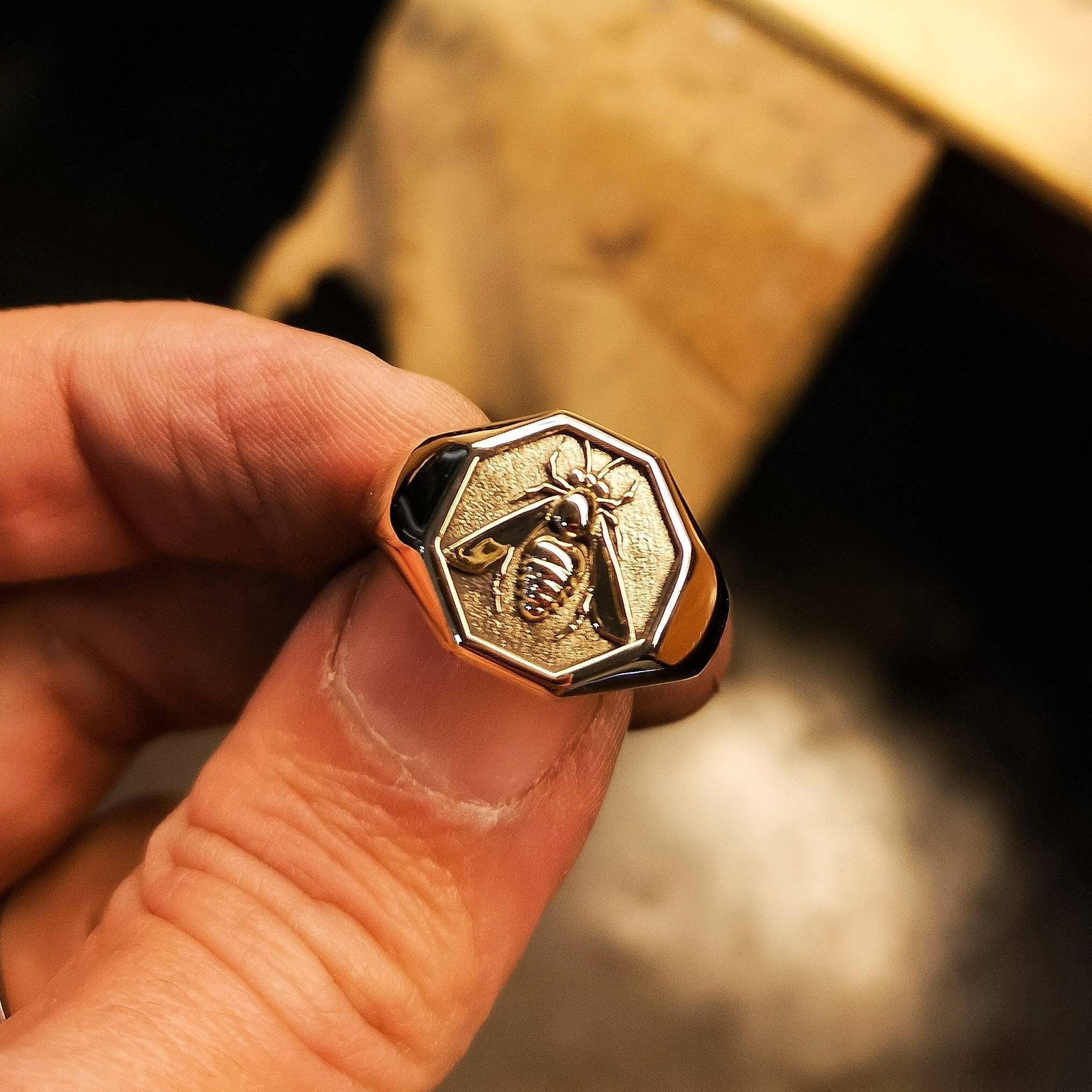 Signet Bee Ring 18k Solid Gold Men s Ring Handmade Octagon