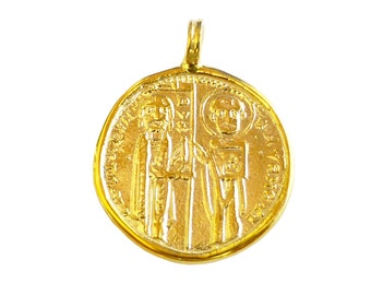 Ancient Byzantine Coin Necklace, 18k Solid Yellow Gold Replica Coin Pendant, Double side Coin, Greek Jewelry.