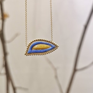 Gold Enamel Evil Eye Pendant, Handmade 14K Solid Gold Necklace, Blue And Yellow Amulet, Greek Protection Jewelry, Gift For Her