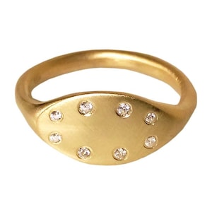 Oval Diamond Signet Ring, 18K Matte Solid Yellow Gold, Handmade Minimalist Women&#39;s Ring, Contemporary Fine Jewelry