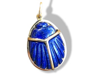 Hand Carved Lapis Lazuli Scarab Necklace, A Symbol of Egyptian Royalty with 18k Gold Frame and Ankh Key Detail On The Back Side