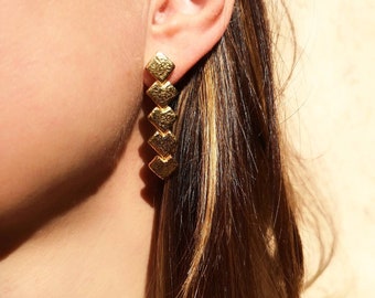 22k Solid Gold Statement Earrings, Handmade Hammered Geometric Dangle Drops, Greek Fine Jewelry.