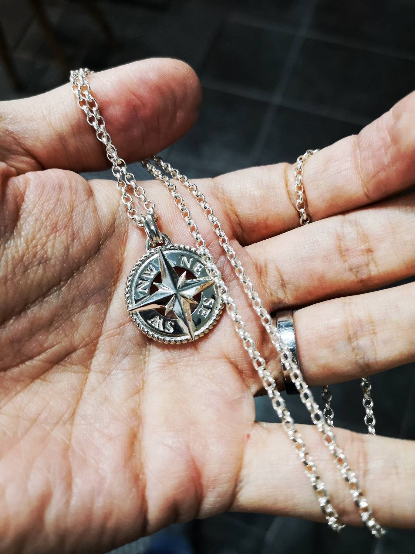 Compass Necklace Silver North Star Pendant on Sterling Silver
