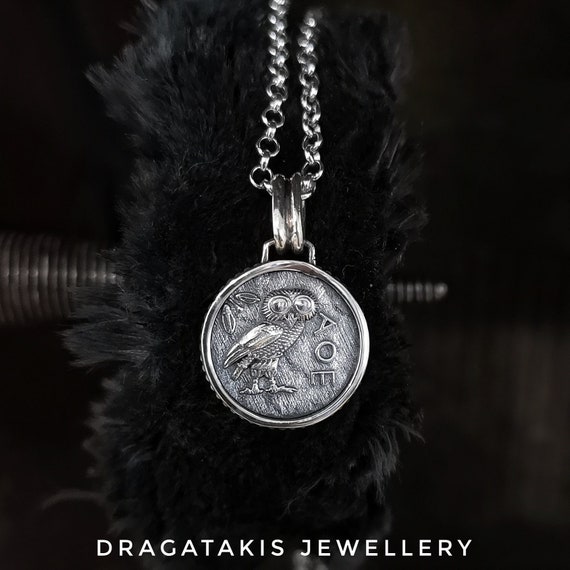 Athena's Owl Coin Pendant - Brass on Dragon Skin Turquoise – jenkahnjewelry