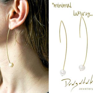 Statement long Pearl Earrings, 18K Solid Gold, Minimalist Long Wire Earrings, Delicate Modern Pearl Hooks, Woman's Hoops, Bridal Jewelry