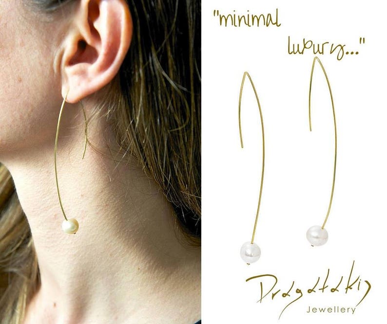 Statement long Pearl Earrings, 18K Solid Gold, Minimalist Long Wire Earrings, Delicate Modern Pearl Hooks, Woman's Hoops, Bridal Jewelry