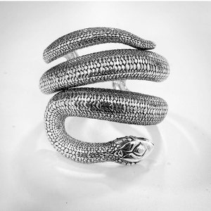 以下が含まれることがあります： コイル状のデザインのシルバーのスネークブレスレット。ブレスレットは金属製で、表面にテクスチャがあります。