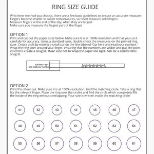 May include: A ring size guide with two options for measuring ring size. Option 1 includes a printable paper sizer with a ruler. Option 2 includes a grid of circles with numbers from 41 to 66.