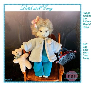 Dress doll set, small doll, doll clothes, doll pants, bag, bear, mini doll, pattern for dolls, PDF pattern