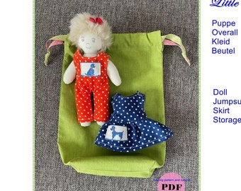 May include: A handmade doll with blonde hair and a red bow, wearing a red and white polka dot jumpsuit and a blue and white polka dot skirt. The doll is sitting in a green storage bag with the text "Little doll Emy" and "Puppe Overall Kleid Beutel" in blue text. The text "Doll Jumpsuit Skirt Storage bag" is also included in blue text.
