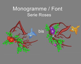 Embroidery fonts Roses and Bird, Alphabet, Font A - Z, instant download