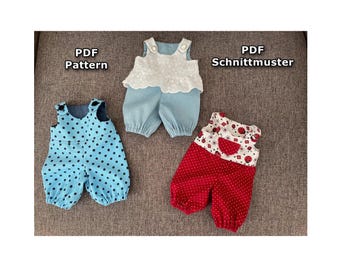 May include: Three baby rompers in different designs. One is light blue with black polka dots, another is light blue with a white top, and the third is red with white polka dots and a ladybug pattern. The text "PDF Pattern" and "PDF Schnittmuster" are visible.