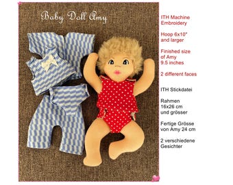 May include: A red and white polka dot dress and blue and white striped pajamas for a baby doll named Amy. The doll is 9.5 inches tall and the pattern is for an embroidery hoop 6x10 inches or larger.