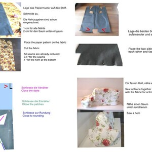 May include: A sewing pattern with instructions in German and English for making a cushion cover. The pattern includes instructions for cutting the fabric, sewing darts, and attaching a fleece lining. The image also shows a finished cushion cover with a floral pattern.