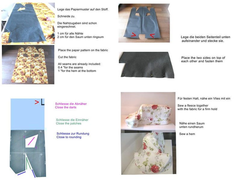 May include: A sewing pattern with instructions in German and English for making a cushion cover. The pattern includes instructions for cutting the fabric, sewing darts, and attaching a fleece lining. The image also shows a finished cushion cover with a floral pattern.