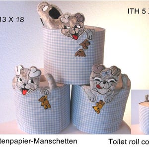 May include: Three blue and white gingham toilet paper covers with embroidered dog faces. The covers are 5 inches by 7 inches and 13 inches by 18 inches. The text "ITH 5 X 7" and "ITH 13 X 18" is visible on the image.