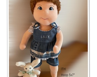 ITH doll Lilly, hoop 5x7", 15" tall, including clothing.