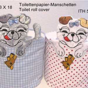 May include: Two embroidered toilet roll covers featuring a cartoon dog design. The cover on the left is blue and white gingham, the cover on the right is white with red polka dots. Both covers feature a dog with its tongue sticking out, holding a teddy bear. The text "ITH 13 X 18" is in the top left corner of the image. The text "Toilettenpapier-Manschetten Toilet roll cover ITH 5 X 7" is in the top right corner of the image.