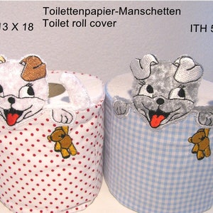 Polsino di carta igienica con file da ricamo ITH 5 13 x 18 cm, cane di peluche, copri rotolo di carta igienica, polsino di carta igienica, banderuola, bagno