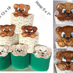 May include: A set of five brown and white teddy bear embroidery designs on cream fabric with a green fabric base. The embroidery designs are 5 x 7 inches and the frame is 13 x 18 inches.