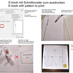 May include: Instructions for printing and assembling a pattern. The image shows a computer screen with a print settings window, a close-up of a paper edge being taped, and a finished pattern.