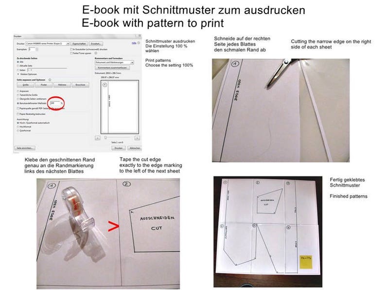 May include: Instructions for printing and assembling a pattern. The image shows a computer screen with a print settings window, a close-up of a paper edge being taped, and a finished pattern.