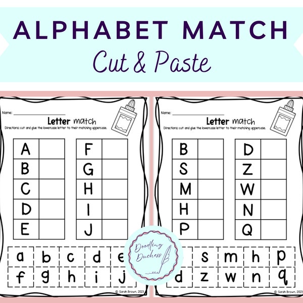 Alphabet Letter Matching Cut & Paste, Uppercase to Lowercase, Pre-K, Kindergarten, Fine Motor, Worksheets, Printables, Scissor Practice