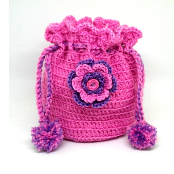 Drawstring bag pattern, Girls bag pattern, Crochet pattern, Pouch pattern, Pom pom bag,  Handbag pattern, Purse pattern, PDF download, Bag