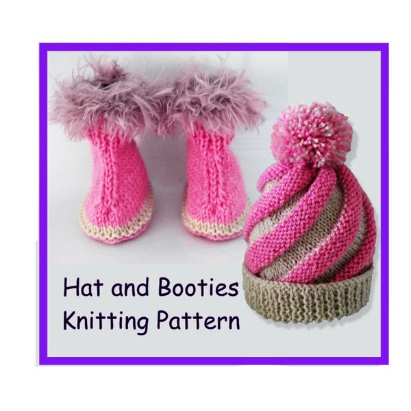 Baby hat and booties knitting pattern, Baby booties pattern, Baby booties, Swirl hat knitting pattern, Pompom hat, Baby knitting pattern