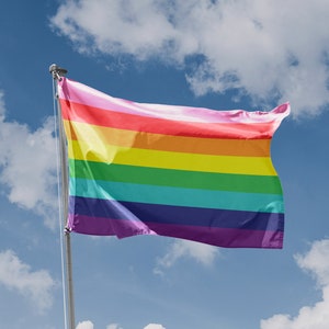 Könnte beinhalten: Eine Regenbogen-Pride-Flagge weht im Wind vor einem blauen Himmel mit weißen Wolken.