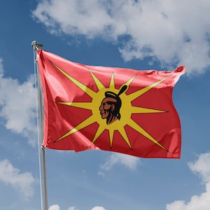 Peut inclure: Un drapeau rouge avec un soleil jaune éclatant et un profil noir et rouge d'une tête de personne amérindienne au centre. Le drapeau flotte sur un mât de drapeau contre un ciel bleu avec des nuages blancs.