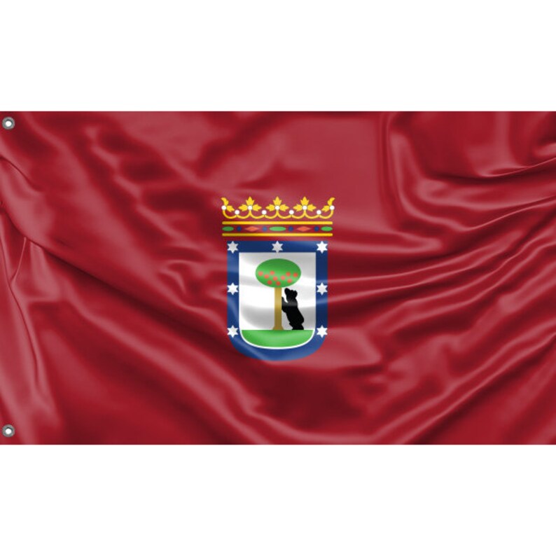 May include: A red flag with a coat of arms featuring a green tree with red fruit and a black bear standing on its hind legs. The coat of arms is surrounded by a blue border with white stars and a gold crown.