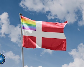 Flaga LGBTQ+ Danii | Unikalny projekt nadruku | Materiały wysokiej jakości | 5 rozmiarów | Wyprodukowano w UE