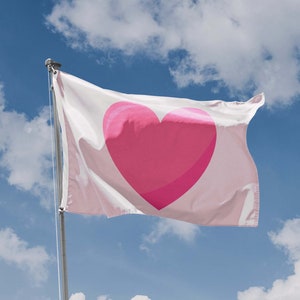 Può includere: Una bandiera a forma di cuore rosa che sventola al vento contro un cielo blu con nuvole bianche.