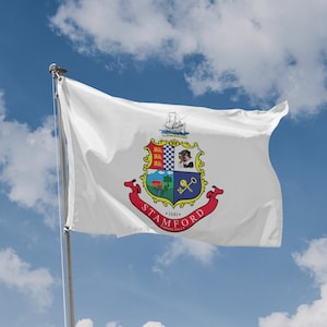 Drapeau de Stamford, Connecticut, États-Unis | Impression de conception unique | Matériaux de haute qualité | Dimensions - 3 x 5 pi / 90 x 150 cm | Fabriqué dans l'UE
