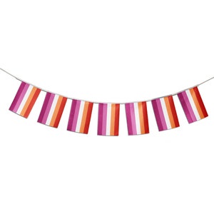 Könnte beinhalten: Eine Lesben-Pride-Flaggenkette mit rosa, orange und weißen Streifen. Die Kette ist mit einer weißen Schnur zusammengebunden und hängt in einem Bogen.